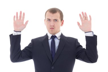 elleri üzerinde izole beyaz holding iş adamı