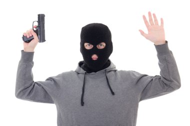man in black mask with gun holding hands up isolated on white clipart