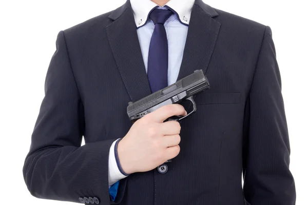 Man in business suit with gun isolated on white — Stock Photo, Image