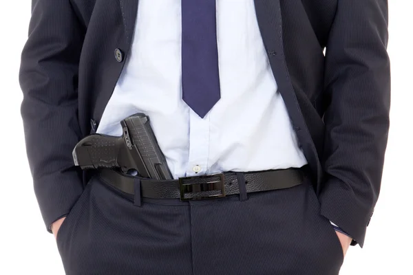 Detektiv, Polizisten oder Leibwächter mit Gewehr in Hosen isoliert auf — Stockfoto