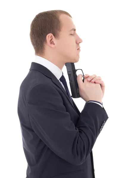 Vista lateral de hombre de negocios con pistola intentando hacer suicidio aisla — Foto de Stock