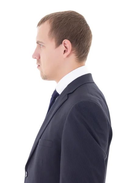 Vista lateral del hombre en el traje aislada en blanco — Foto de Stock