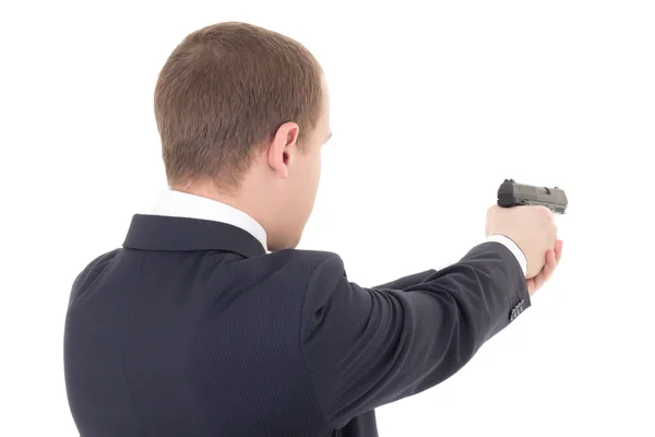 Volta a visão de homem disparar com arma isolada no branco — Fotografia de Stock