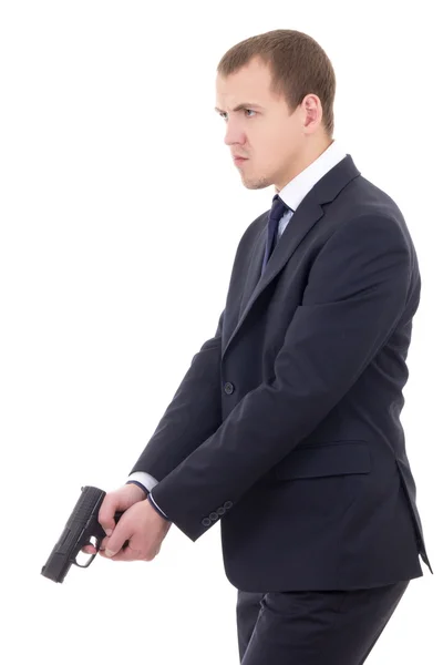 Policeman or bodyguard in business suit with gun isolated on whi — Stock Photo, Image