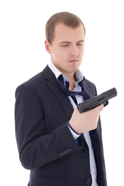 Понятие самоубийства - подчеркнуло человека в поддерживающей пушке делового костюма isol — стоковое фото