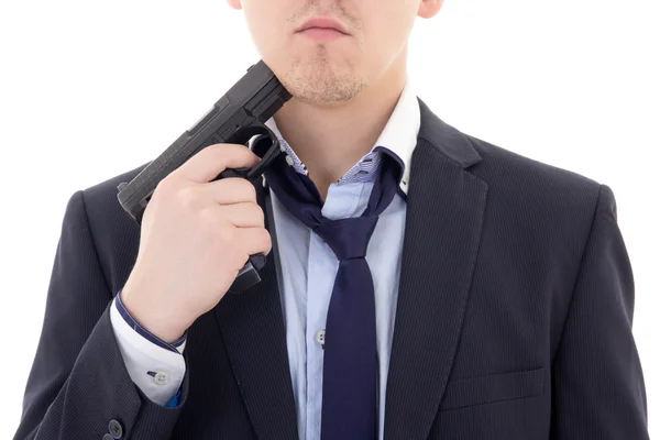 Hombre en traje con pistola intentando hacer suicidio aislado en — Foto de Stock