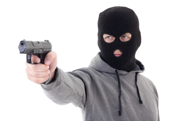 Burglar or terrorist in mask aiming with gun isolated on white — Stock Photo, Image