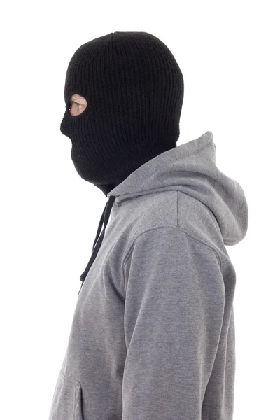 Vista de perfil del hombre criminal en máscara aislada en blanco — Foto de Stock