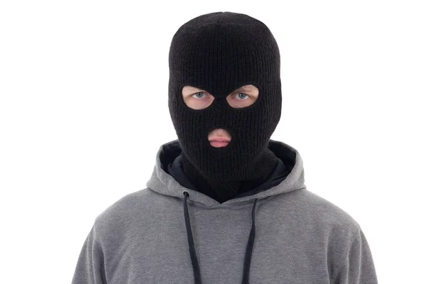 Criminoso na máscara preta isolado no branco — Fotografia de Stock