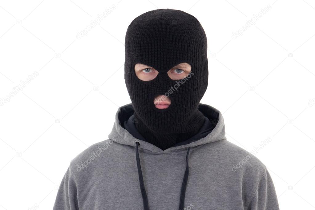 Hombre criminal en antifaz negro aislado en blanco: fotografía de stock ©  Di-Studio #63922571