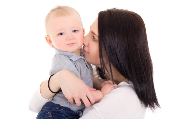 Portrait of happy mother and little son isolated on white Royalty Free Stock Images