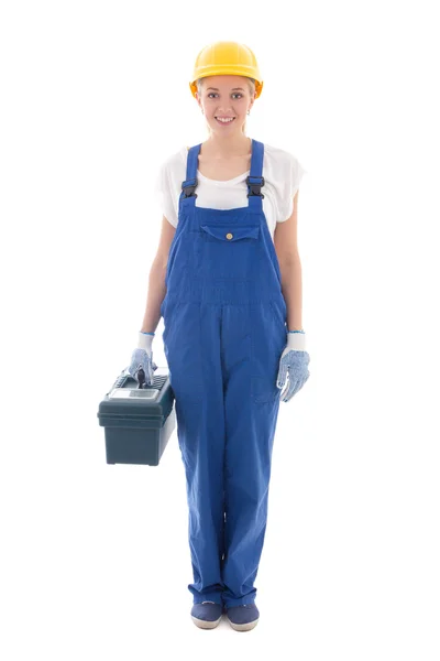 Woman in blue builder uniform with toolbox isolated on white — Stock Photo, Image
