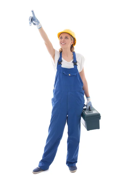 Mulher no Construtor azul uniforme com caixa de ferramentas, apontar para alguma coisa — Fotografia de Stock