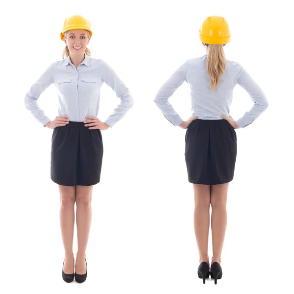 Front and back view of business woman in builder helmet isolated — Stock Photo, Image