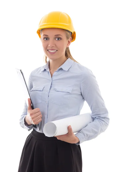 Biznes kobieta architekt w Konstruktorze kask na białym tle — Zdjęcie stockowe
