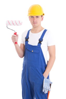 genç adam ressam beyaz izole boya fırçası ile iş giysisi içinde