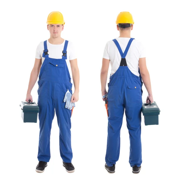 Vista frontal e traseira de homem no Construtor uniforme e capacete com a — Fotografia de Stock