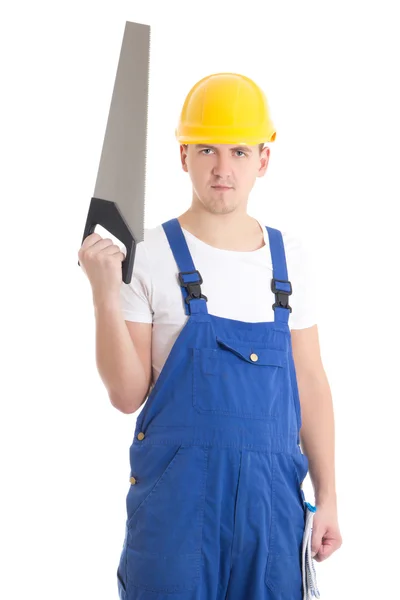 Man in builder uniform and helmet with manual saw isolated on wh — Stock Photo, Image
