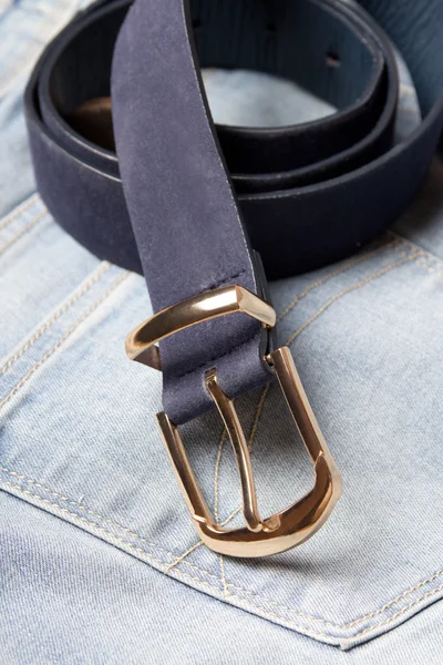 Close up of leather belt on jeans — Stock Photo, Image
