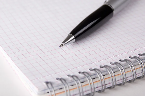 Caderno com páginas verificadas e caneta — Fotografia de Stock