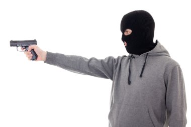Maske üzerinde beyaz izole silahla nişan adam profil görünümü