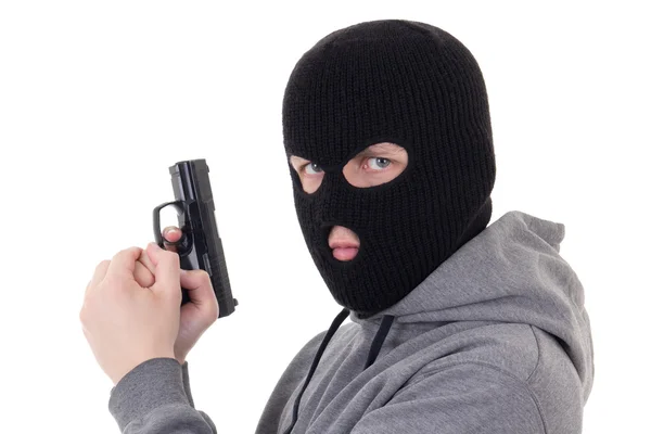Портрет человека в маске с целью с пушкой, изолированные на белом фоне — стоковое фото