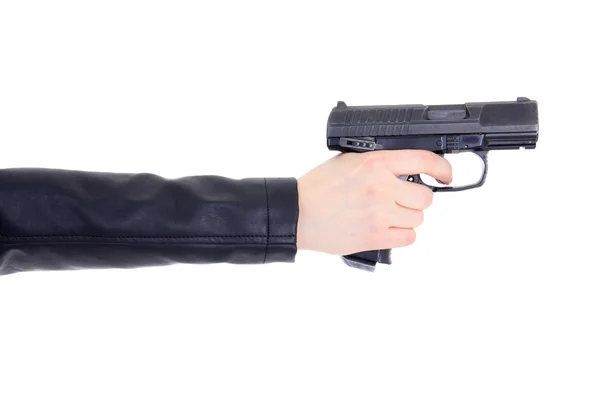 Pistola en mano mujer aislado en blanco — Foto de Stock