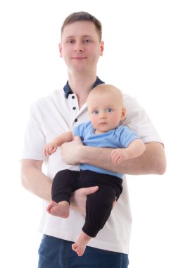 mutlu baba beyaz izole küçük bebek oğlu holding