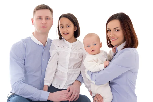 Щаслива сім'я - батько, мати, дочка і син ізольовані на білому — стокове фото