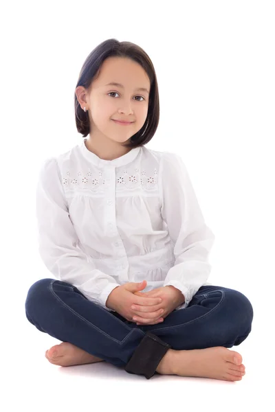 Little beautiful girl sitting isolated on white — Stock Photo, Image