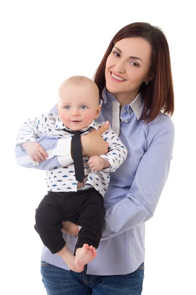 Feliz, mãe e filho pequeno isolaram no branco — Fotografia de Stock