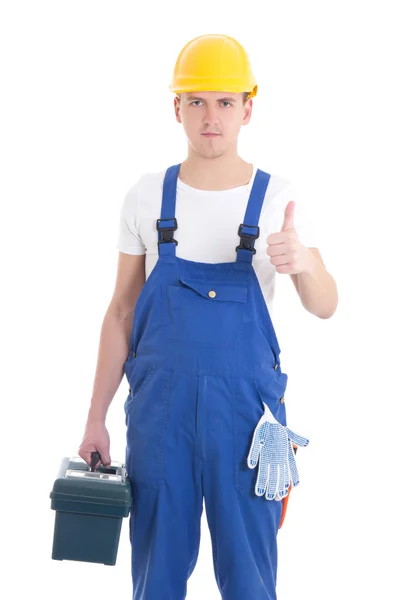 Homem no Construtor uniforme e capacete com caixa de ferramentas polegares acima isolar — Fotografia de Stock