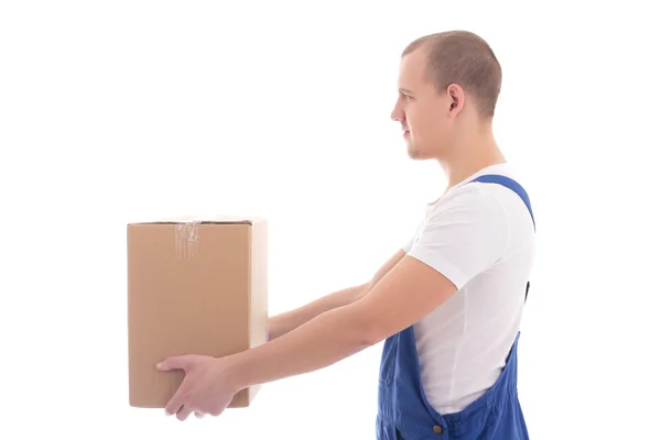 Delivery concept - side view of man in workwear giving cardboard — Stock Photo, Image