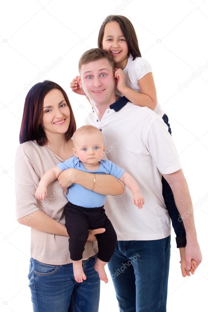 funny family portrait - father, mother, daughter and son isolate