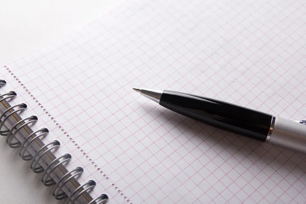 Close-up de caderno com páginas verificadas e caneta — Fotografia de Stock