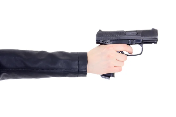 Fegyvert a női kéz elszigetelt fehér — Stock Fotó