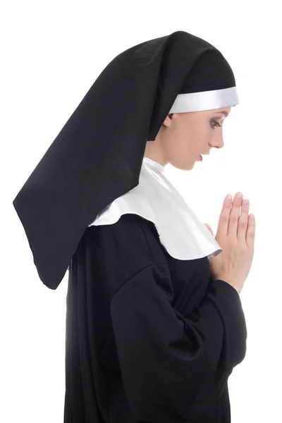 Profilansicht junge schöne Frau Nonne beten isoliert auf wh — Stockfoto