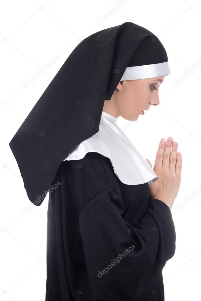 profile view of young beautiful woman nun praying isolated on wh