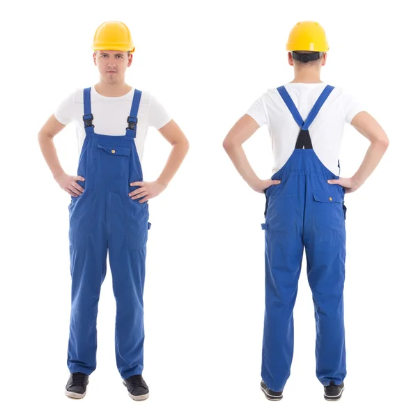 Vista frontal y posterior del hombre joven en uniforme azul builder aislar — Foto de Stock