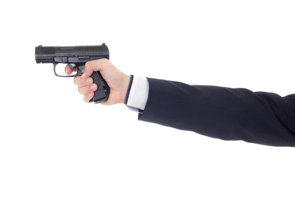 Mano masculina en traje con pistola aislado en blanco — Foto de Stock