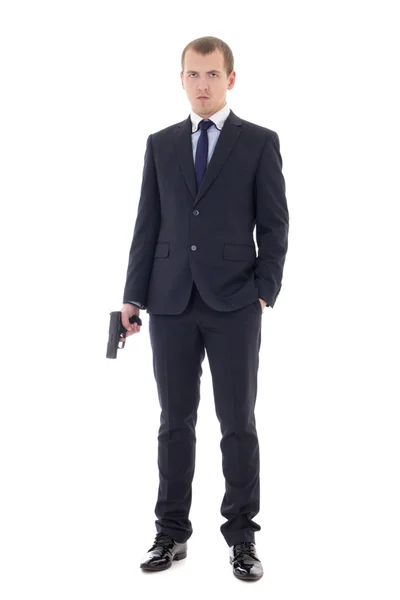 Full length portrait of man in business suit with gun isolated o — Stock Photo, Image