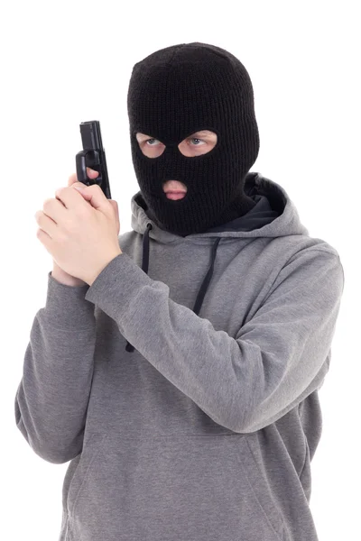 Человек в маске с пушкой, изолированные на белом фоне — стоковое фото