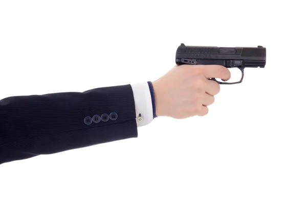 Male hand in business suit holding gun isolated on white — Stock Photo, Image
