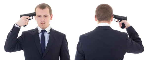 Front and back view of business man with gun trying to make suic — Stock Photo, Image