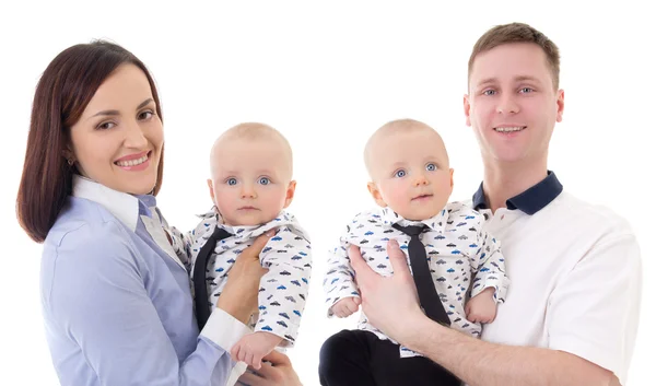 Happy parents with little twins isolated on white — Stock Photo, Image