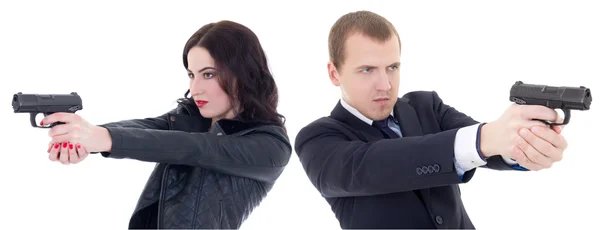 Young beautiful woman and man shooting with guns isolated on whi — Stock Photo, Image