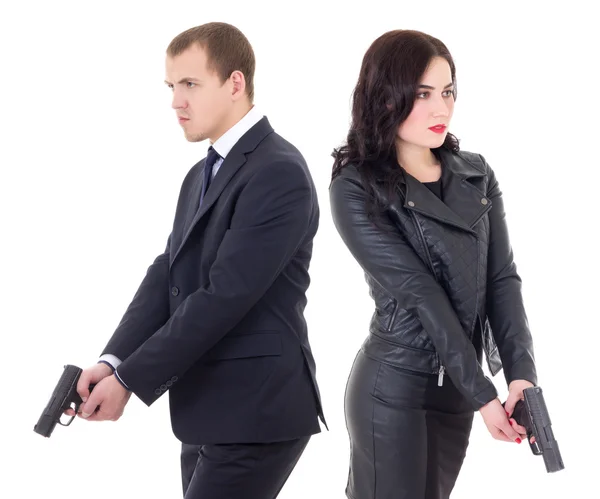 Man and woman special agents with guns isolated on white — Stock Photo, Image