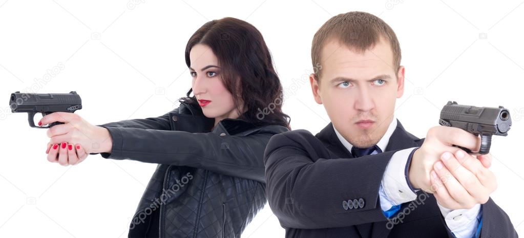 man and woman shooting with guns isolated on white