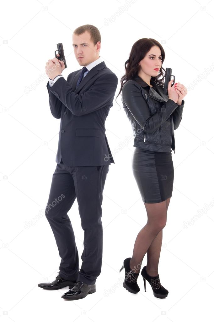 full length portrait of man and woman special agents with guns i