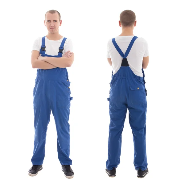 Přední a zadní pohled pohledný mladík v modré pracovní oděvy isola — Stock fotografie